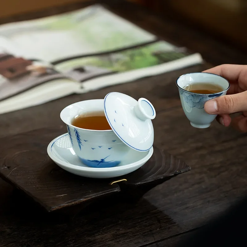 Hand-painted Sancai cover bowl can hover to make tea white porcelain single suspended ceramic