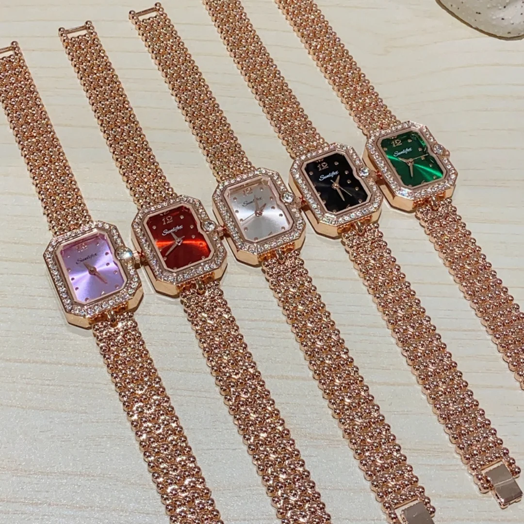 Sunlifex Women Square Watch Luminous Diamond Quartz Wristwatch Fashion Bracelet Clock Rose Gold Ladies Watches Bezel Reloj