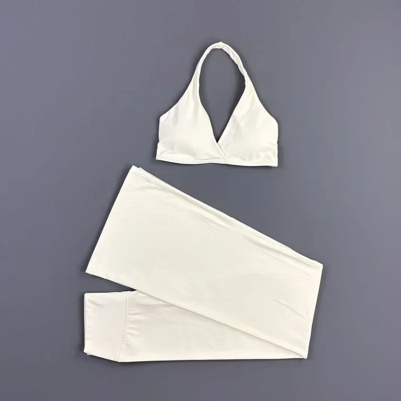 2-teiliges Origin Flares Hosen-Set: Neckholder-Sport-BH mit V-Ausschnitt, hochelastische, atmungsaktive Yoga-Schlaghose, Fitness-, Lauf- und Trainings-Set – Detail 10