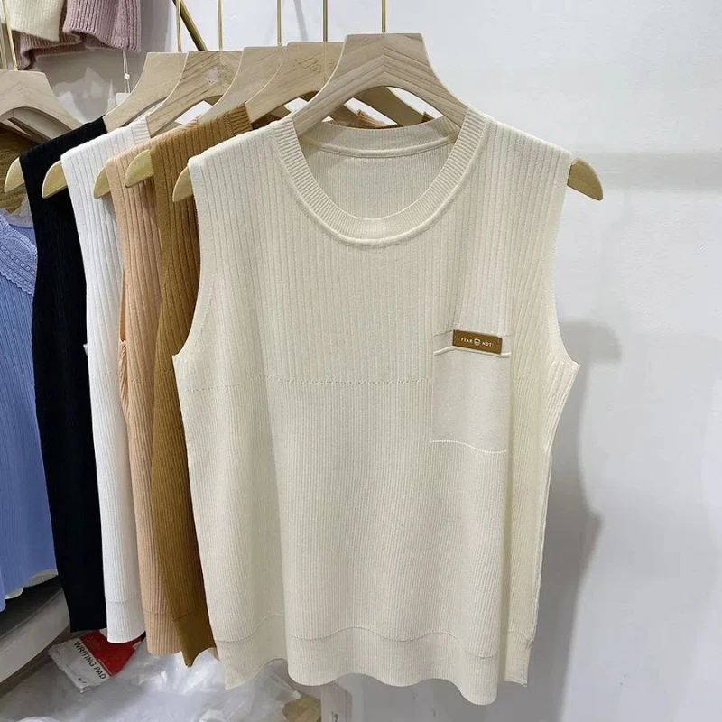 Ice Silk Camisole Women Summer 2024 New Solid Color Sleeveless Bottoming Shirt Western Style Versatile Knitted Top