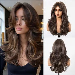 Brown Highlight Synthetic Wigs with Bangs Long Layered Wavy Wig Natural Looking Fluffy Fake Hair for Daily Heat Resistant Fiber