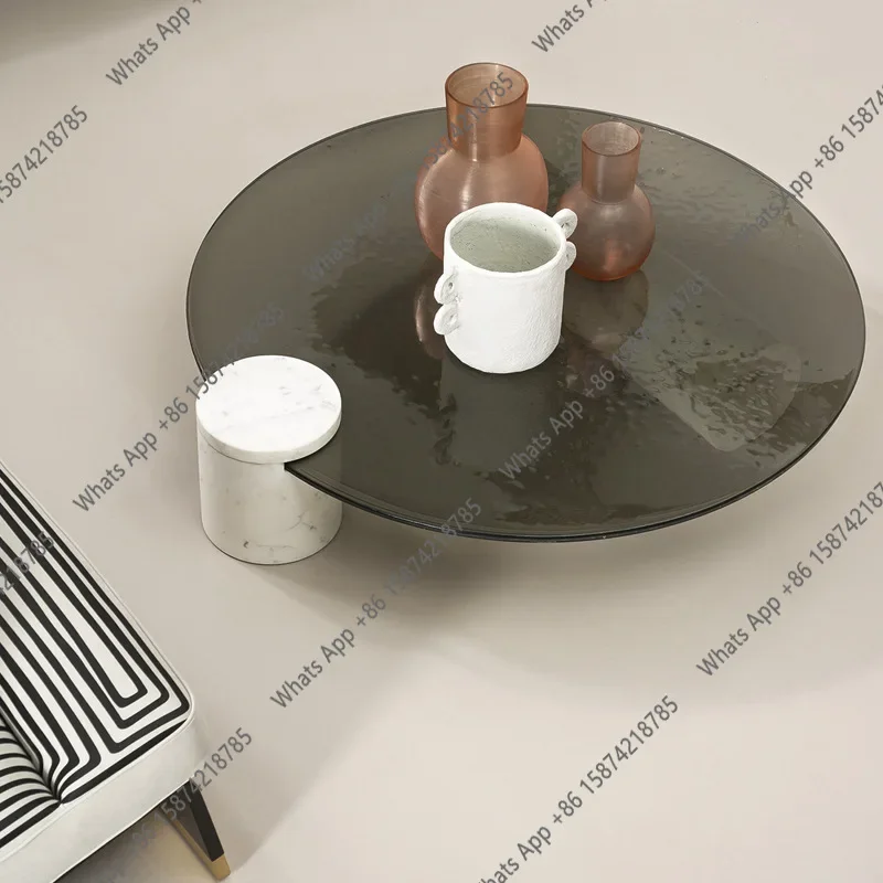J X High-end Water Ripple Coffee Table Wabi Sand Wind Gray Glass Bubble Surface Round Marble Designer Creative Glass Round Table