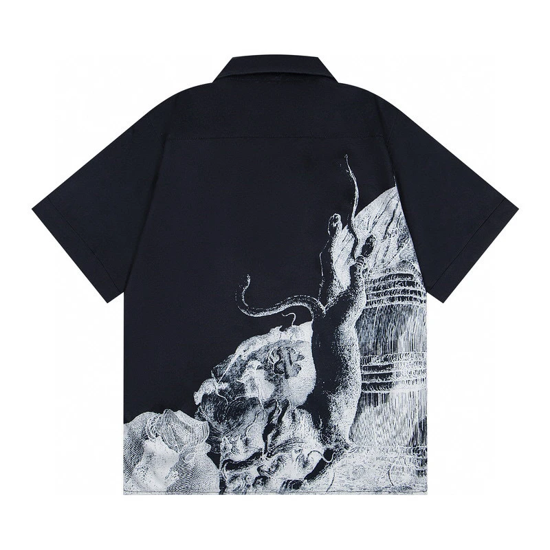 

American High Street Depred Rich Kids Dual Color And Mouse War Print ort Sve irt ex Summer Loose Fit Button up