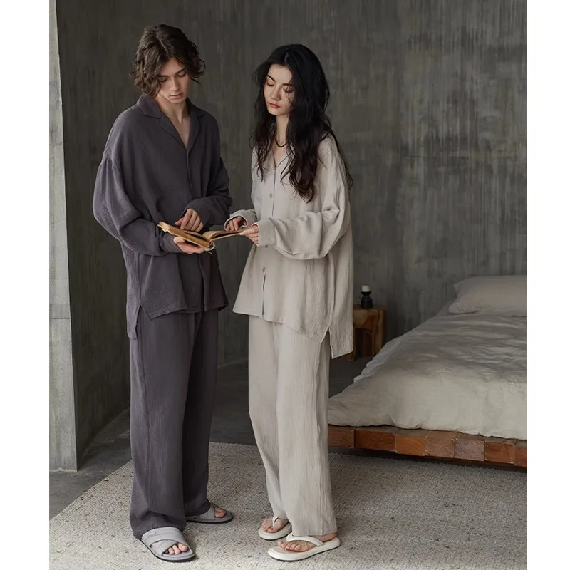 2024 New Couple Pajamas Long-sleeved Cotton Thin Loungewear Women\'s Simple and Loose Can be Worn Outside Casual Suits