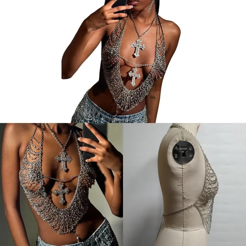 Women's Rhinestones Crosses Pendant Body Chain Camisole Halter Crop Top for Parties Music Festivals and Beach Holidays 