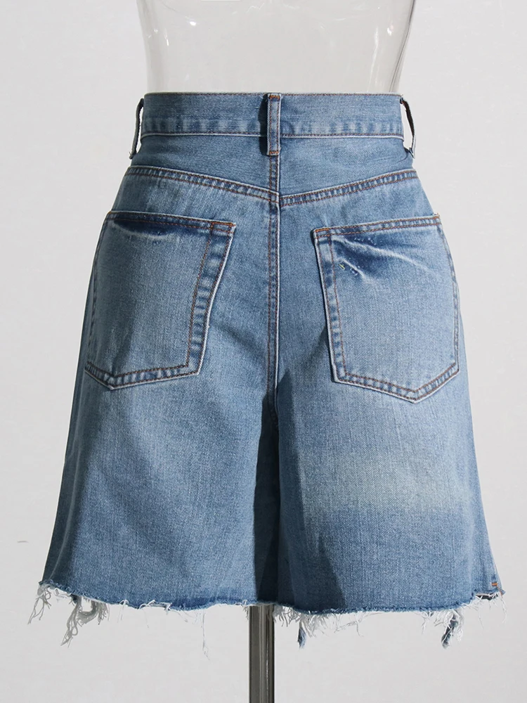 TWOTWINSTYLE Hollow Out Denim Shorts For Women High Waist Patchwork Ribbons Casual Streetwear Short Trousers Female Fashion 2022