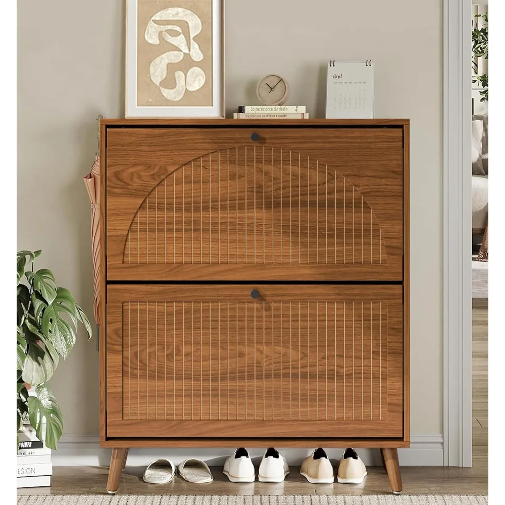 

Entrance shoe cabinet with 2 flip drawers, narrow wooden shoe cabinet with grooved panels, independent hidden shoe cabinet