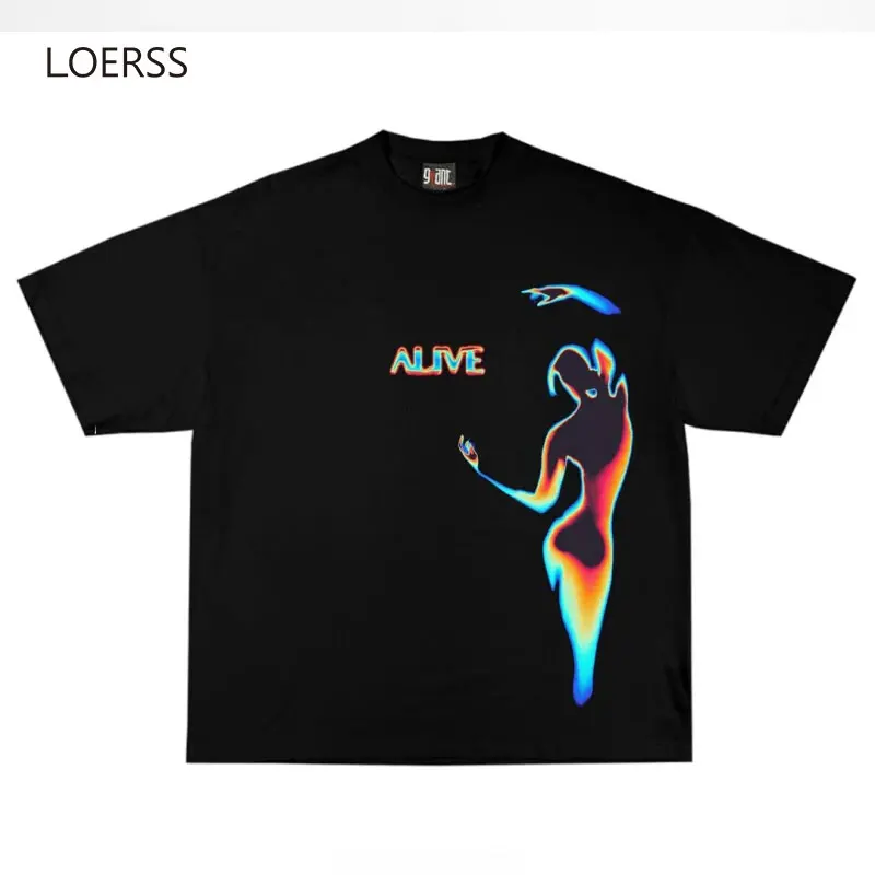 LOERSS Graphic Print T-Shirt Oversized Vintage Short Sleeve Niche Design Y2K Half Sleeve Top Men and Women Couple Tee Streetwear