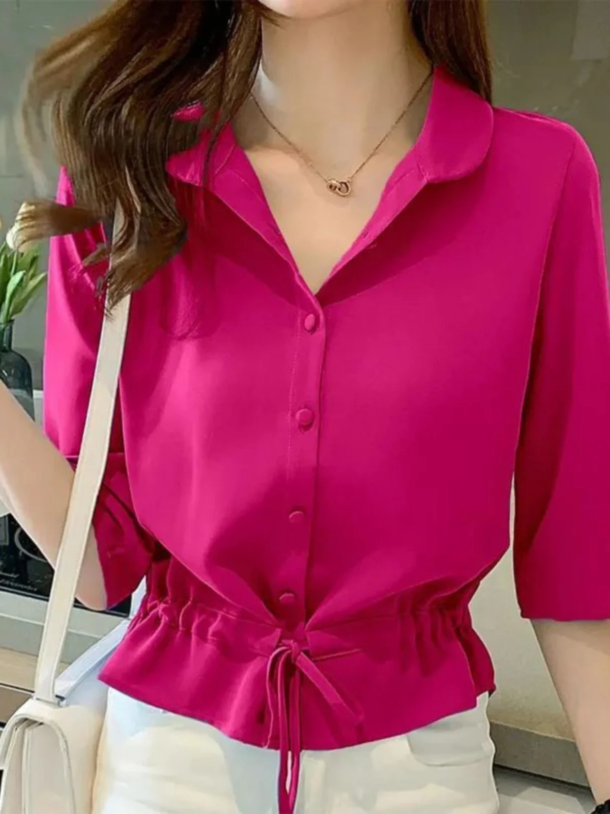 

Свободный повседневный женский ort Sve irt с воротником-стойкой, дышащий уличный Sle Faion, весенняя коллекция, чистый цвет, детали на пуговицах