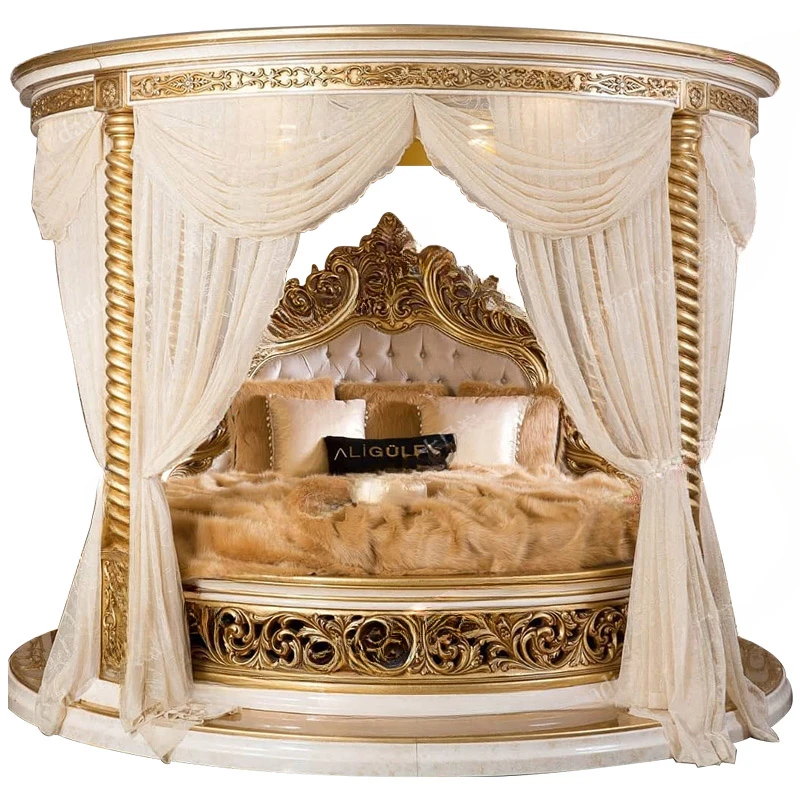 Villa, palace, European style solid wood round bed,French luxury carved bed, princess double marriage bed, high-end