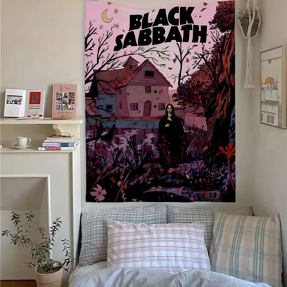 Black Sabbath Self-Titled Debut Album Tapestry Banner Vintage Pink Night House Witch Moon Tree Print Polyester Wall Hanging Flag