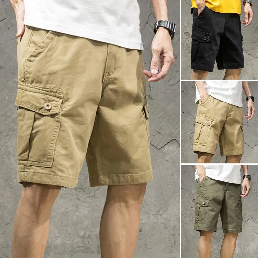 

Multi Pockets Button Flying Summer Shorts Mid Rise Solid Color Straight Cargo Shorts Streetwear