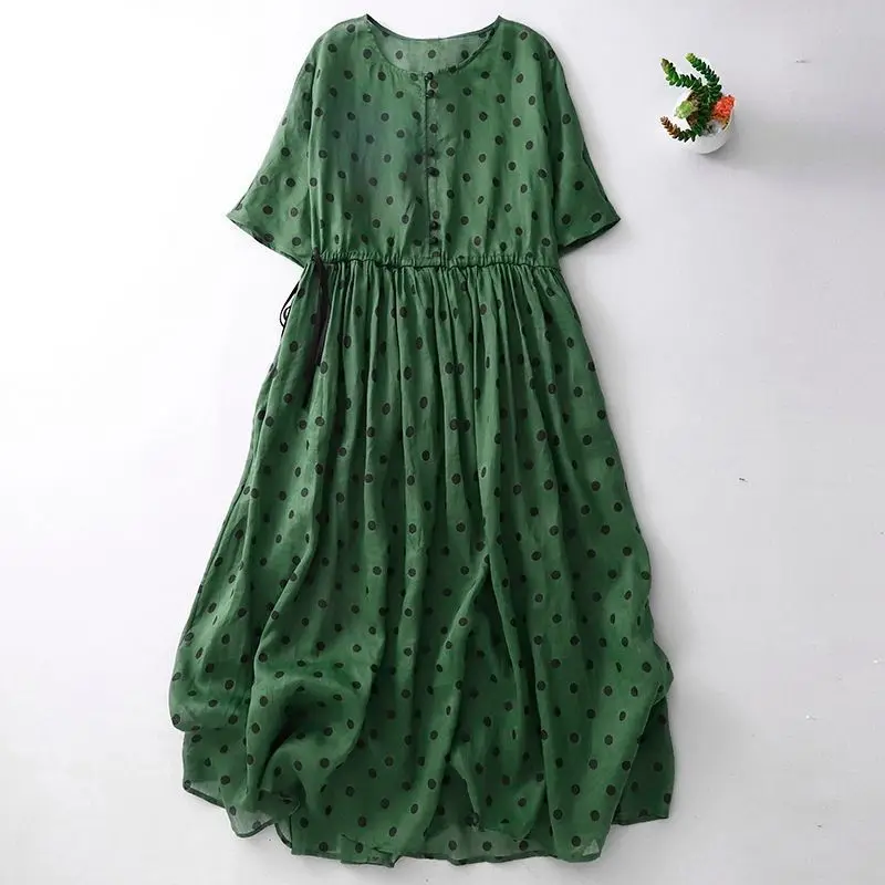 

Summer New Thin Ramie Polka Dot Dress Women Korean Fashion Drawstring Waist Cinching Slimming Mid Length Womens Dresses