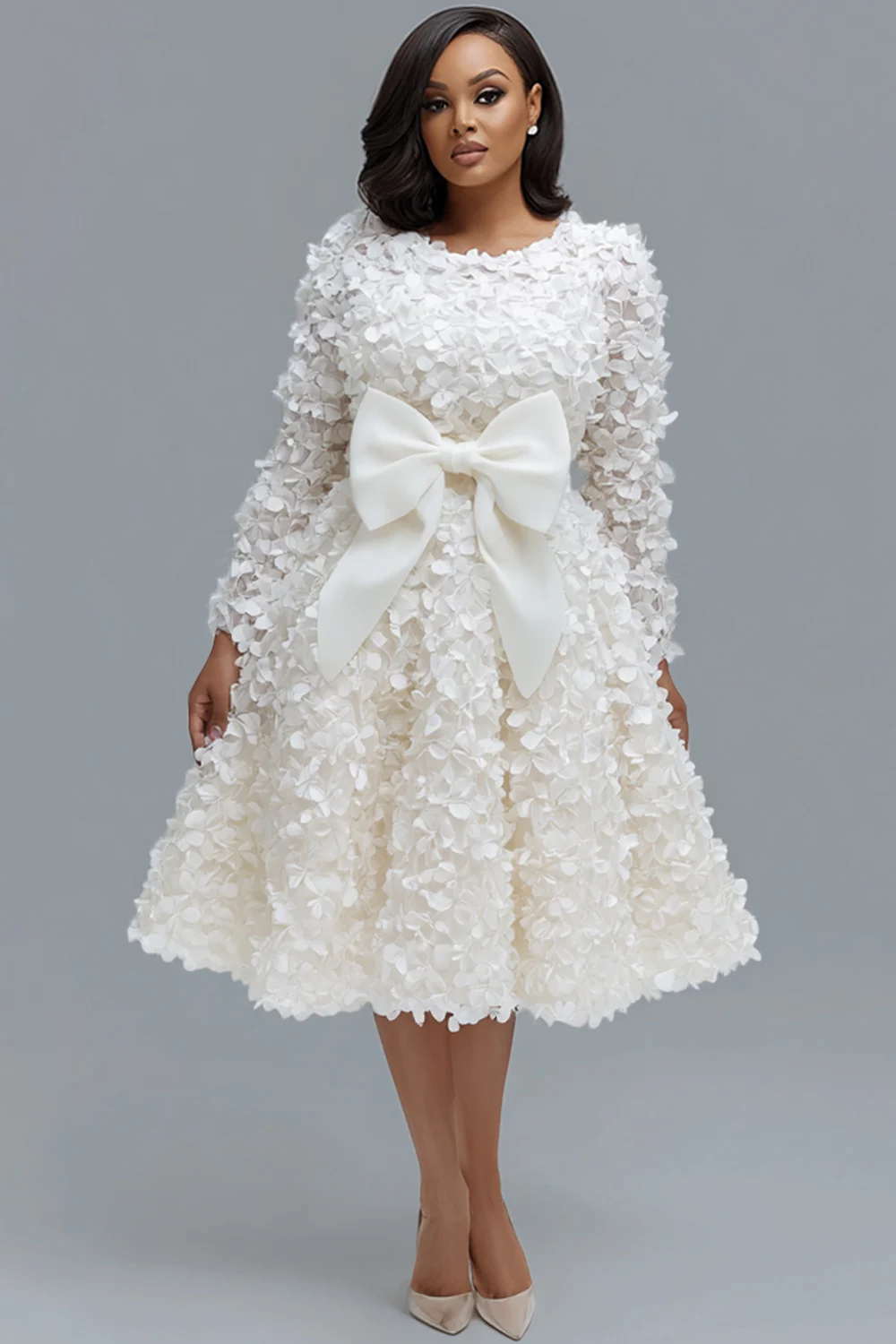 

Plus Size Wedding White Round Neck Long Sleeve Bow Tie Elegant 3D Midi Dresses
