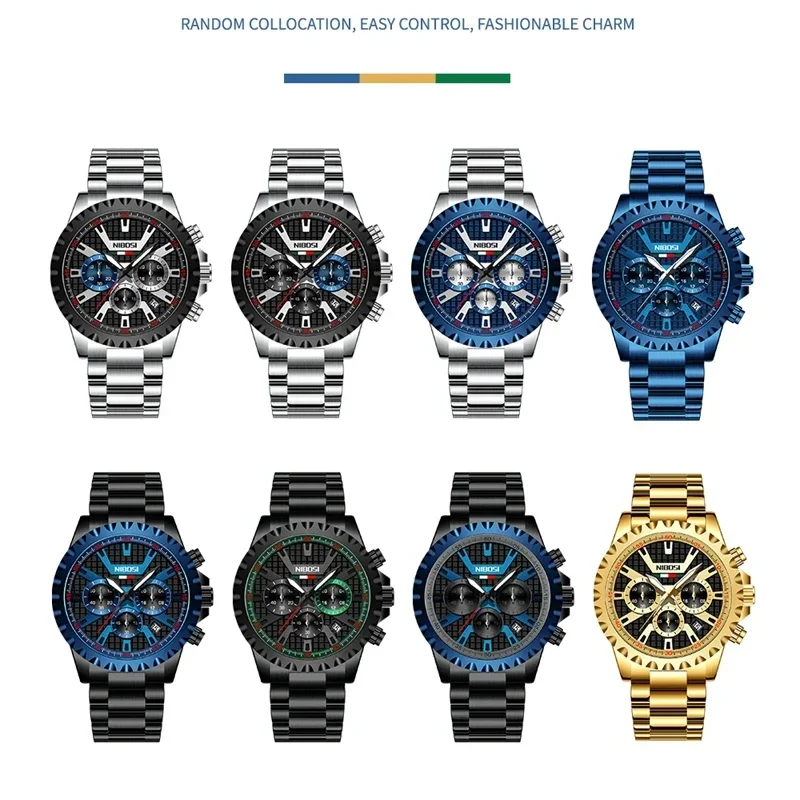 นาฬิกา2024แบรนด์ชั้นนำที่หรูหราของ nibosi นาฬิกาควอตซ์สแตนเลสโครโนกราฟนาฬิกากีฬาผู้ชาย