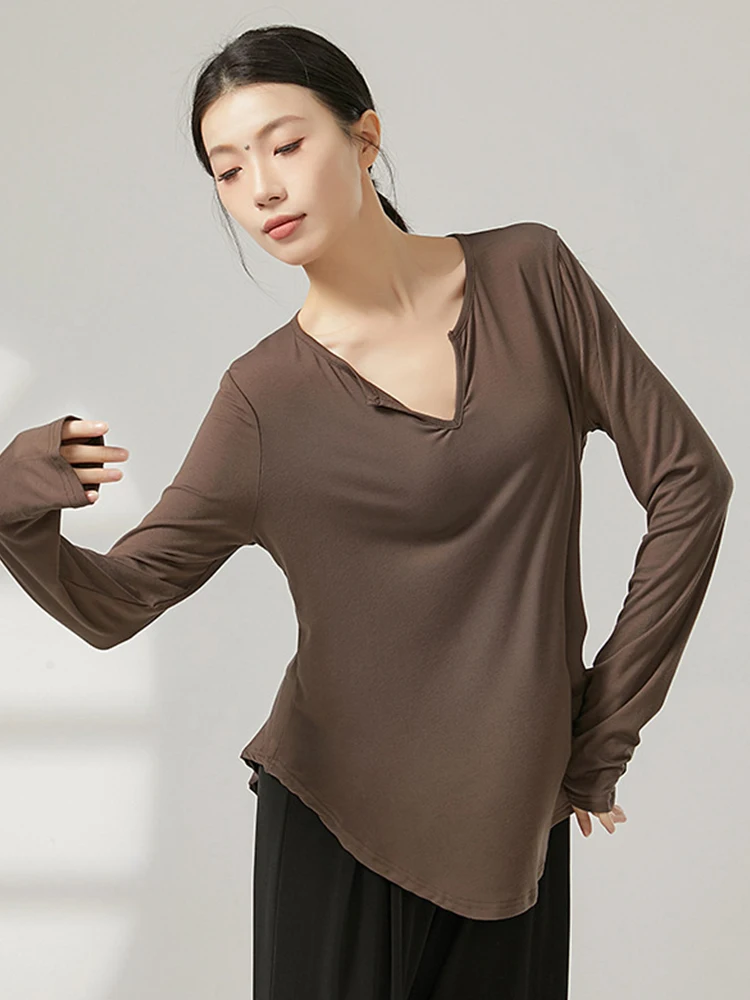 Women Yoga Shirt V-Neck Long Sleeve Modern Dance Top Breathable Classical Hip Hop Latin Training Blouse Dancing Cover Up