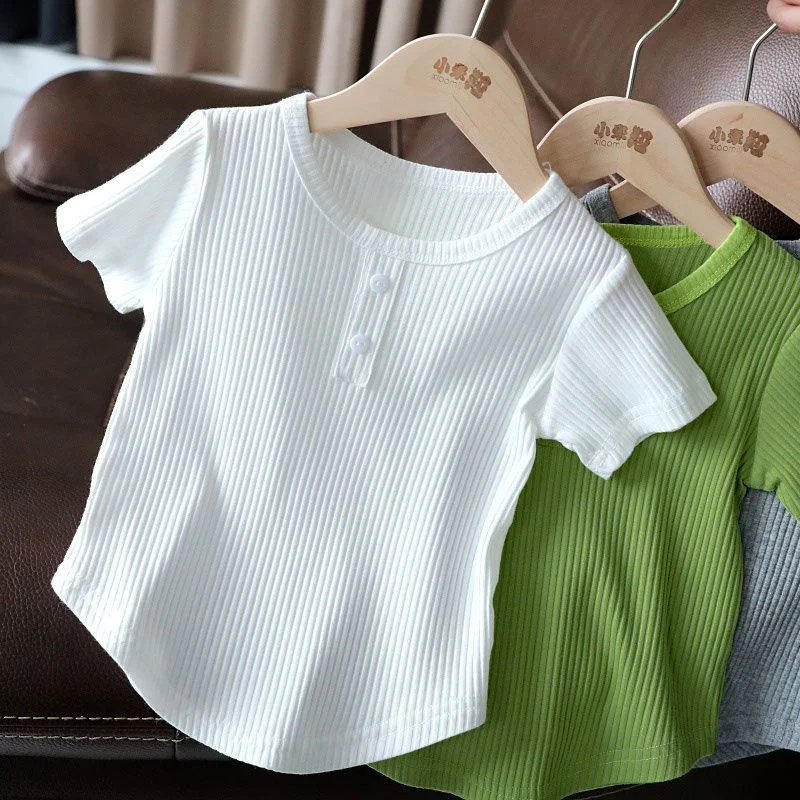 

Fashion T-Shirts Summer Kids Thin Short Sleeve Tops Boys Girls Solid Casual Hundred Shirt Clothes 2-8 Years