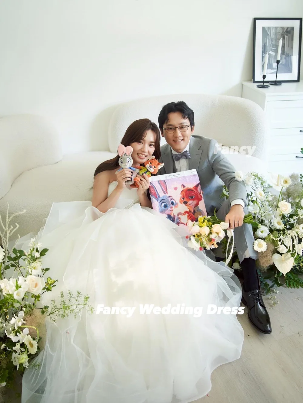Fancy Rich Organza Wedding Dress Korea Photoshoot A Line Sleeveless Bridal Gown Back Corset Evening Dress Customized