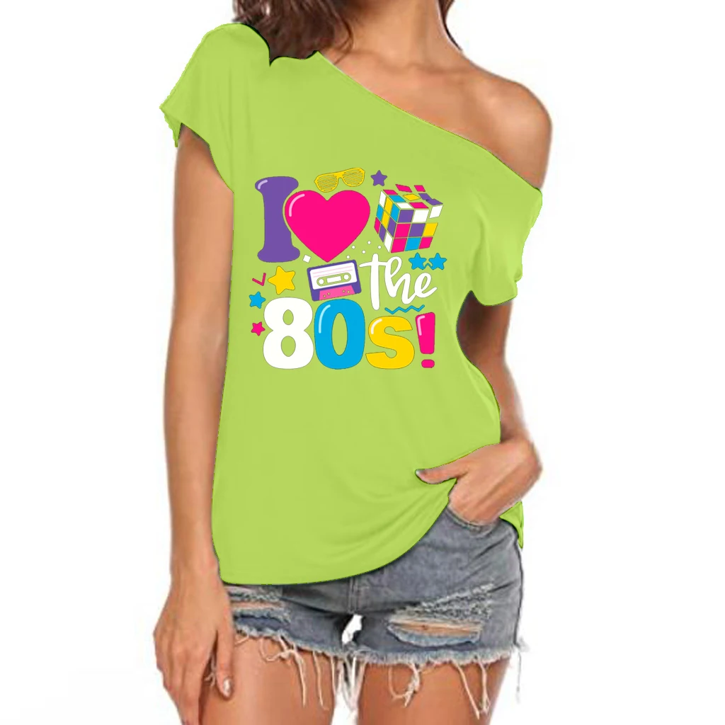 XUANSHOW 2024 Sommer I Love the 80s Emotional Element T-Shirt Sexy Off Shoulder Tops Kurzarm Buchstaben bedrucktes T-Shirt – Detail 13