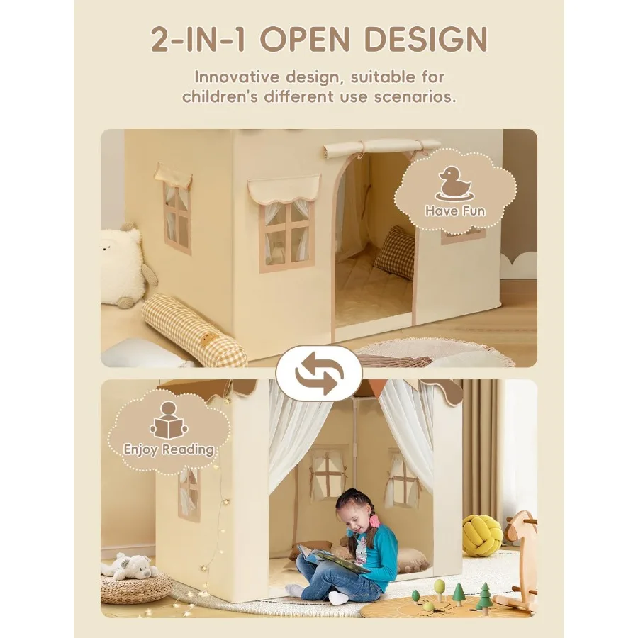 Tent met gewatteerde mat Speelhuistent 2-in-1 speeltent Grote ruimte binnen met 2 deuren en 4 ramen voor meisjes Jongens met sterren Li