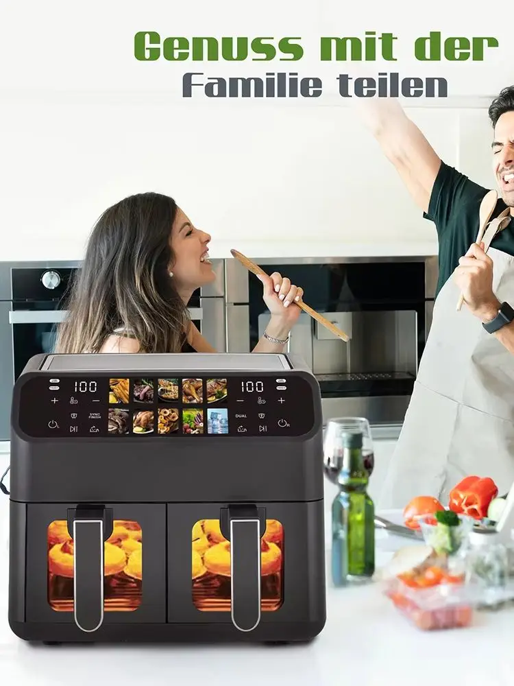 9L Heißluftfritteuse mit Doppelkorb, Ölfreier Ofen mit LED-Touch-Steuerung, Sichtfenster, 10-in-1 Multifunktion, Familien-Smart-Heißluftfritteuse