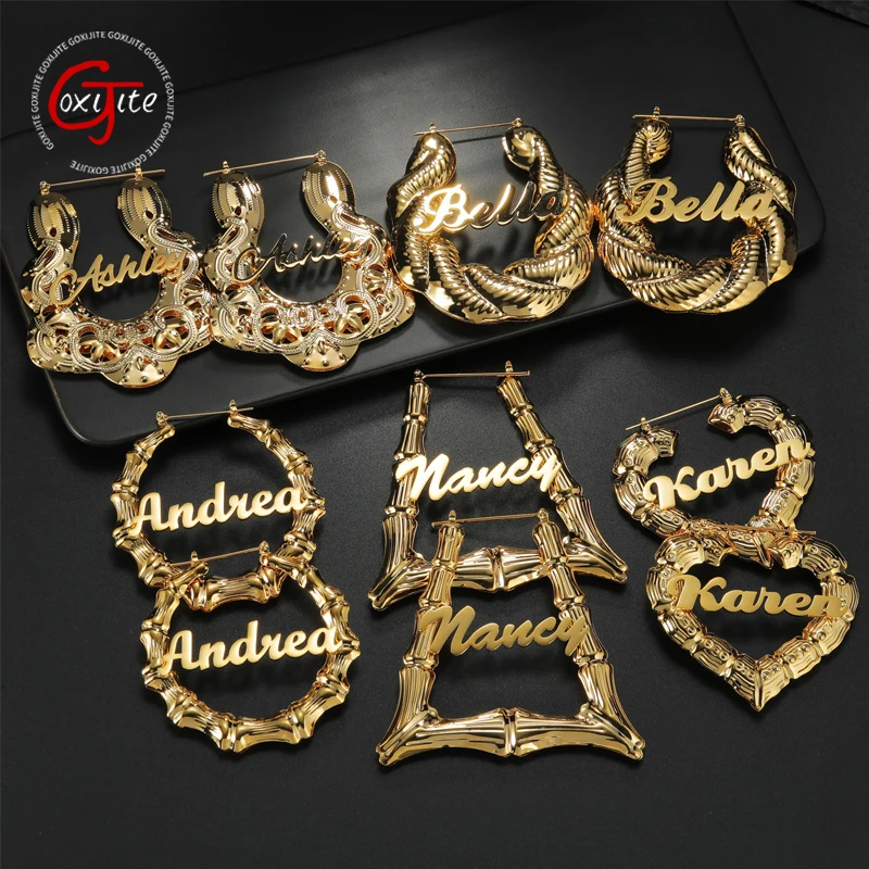 

Goxijite Customized Name Earrings Heart Bamboo Large Hoop Stainless Steel Personalized Twist Shape Earrings Party Jewelry Gift
