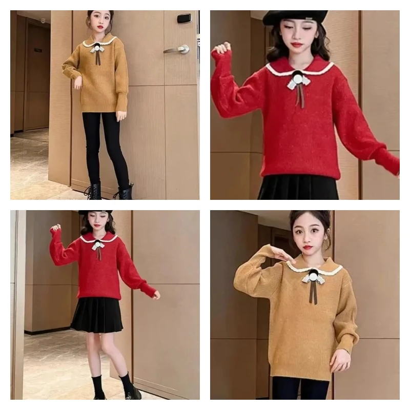 

Горячий Kawaii модный свитер для девочек, трикотаж, студенческий осенне-зимний повседневный пуловер с воротником Питера Пэна и длинными рукавами, детская одежда