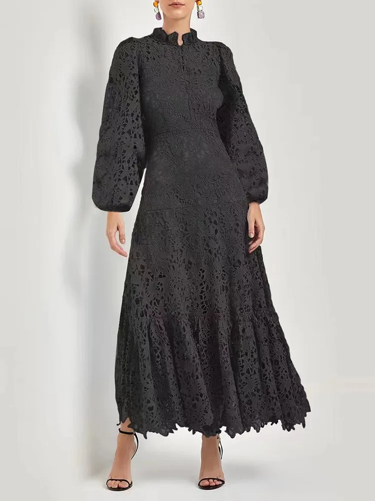 Twot winstyle aus geschnittene feste Kleider für Frauen stehen Kragen Laterne Ärmel hohe Taille elegant eine Linie Kleid weibliche Mode Kleidung