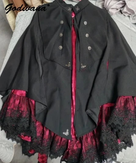 Nowa Jesienna Gotycka Ciemna Czarna Peleryna Kurtka Halloween Cosplay Punk Styl Damskie Retro Poncho Falbany Koszula Bluzki z Długim Rękawem