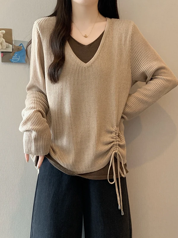 

Chic plus Size Knitted Sweater Women's Long Sleeve Overhead Top with Drawstring Color Block Design Casual Comfortable Spring ...