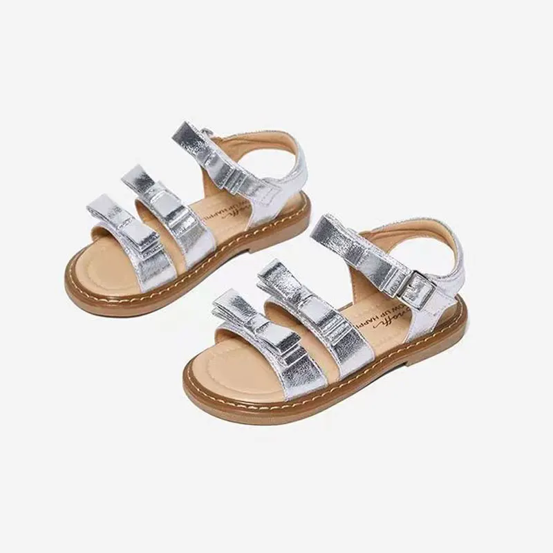 Toddler Girls Shool Summer Sandals Kids Rose Gold Birthday Shoes Bows Gladiator Sparkle Leather Sandals Girls 4 5 6 8 Years