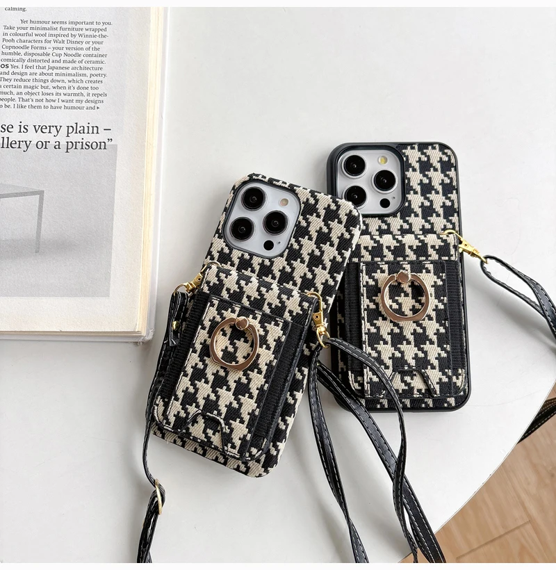 Luxury Retro Cloth Houndstooth Long Leather Wallet Phone Case For iPhone 15,14,13,12 Pro Max,Samsung Galaxy S22,S23,S24 Ultra