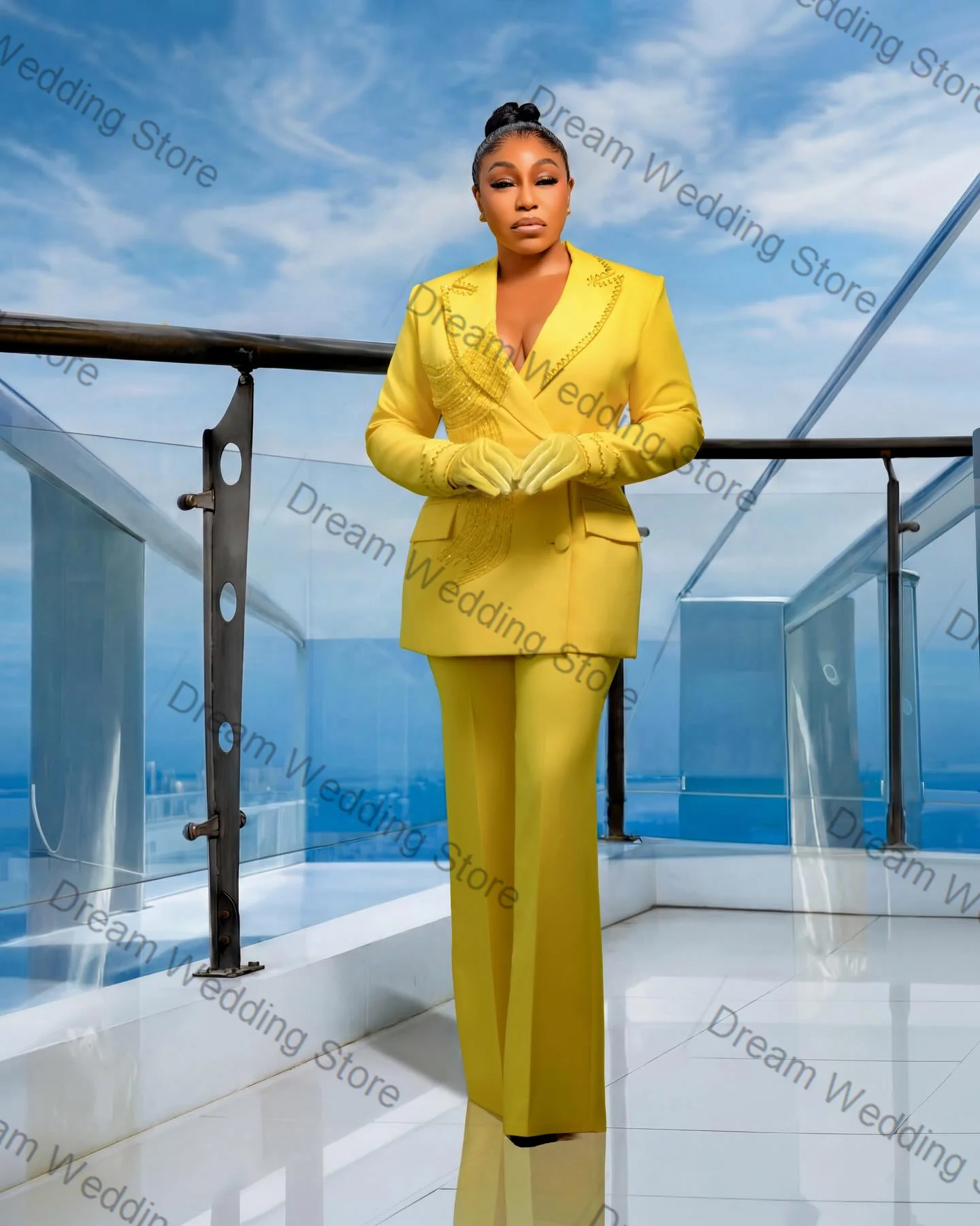 Yellow Women Suit Pants Set 2 Pcs Crystals Blazer+Trousers Cotton Spring Formal Office Lady Jacket Customized Wedding Guest Coat