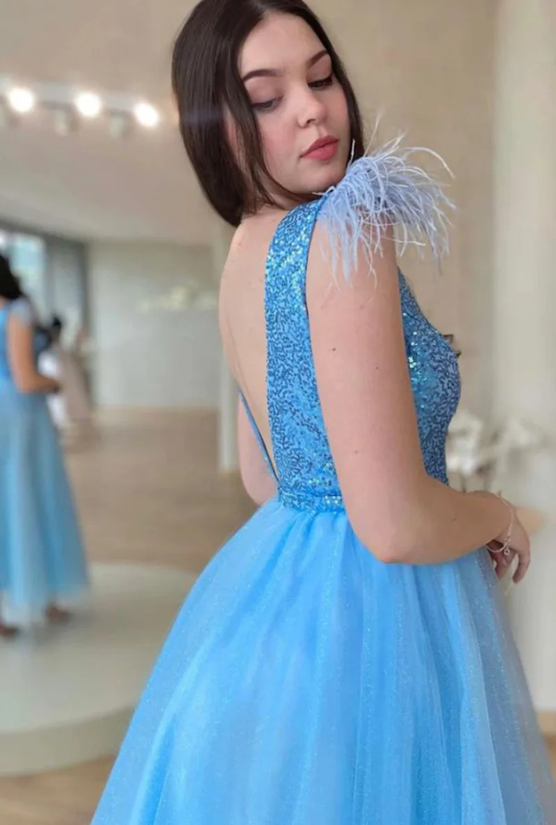 Musetta Blue V Neck Tulle Sequins Prom Dress Feathers Sparkly Glitter A-Line Evening Dresses Ankle Formal Party Gown Customized