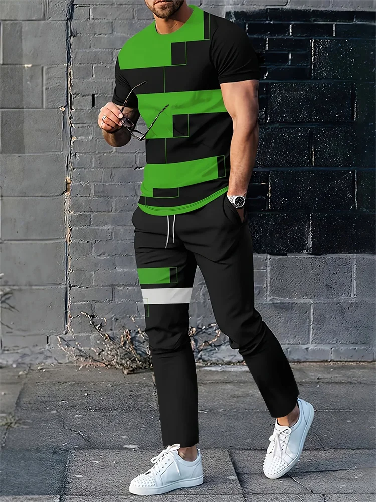 New Summer Men's Sports Suit Men's Round Neck Splicing Printed Short-sleeved T-shirt Loose Pants Two-piece Set Streetwear