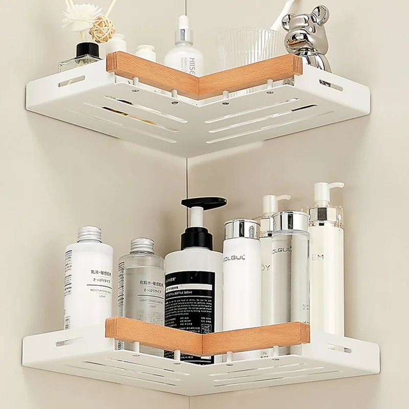 Wall Mounted Bathroom Shelf, Corner Space, Aluminum Wood, Triangle Basket, Shower Room Storage Rack