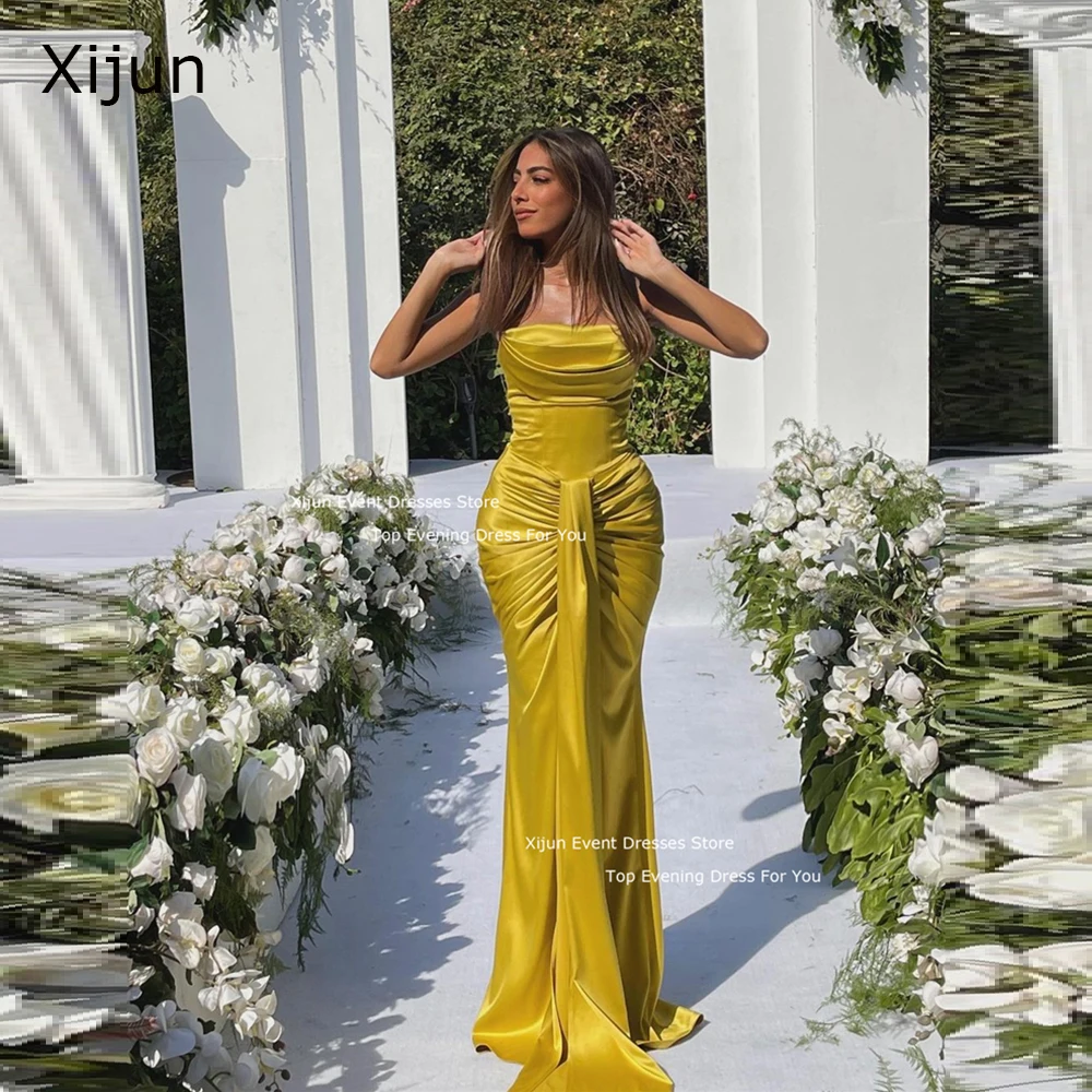 

Xijun Sexy Yellow Mermaid Evening Dresses Sleeveless Pleats Silk Satin Prom Dresses Floor Length Prom Gowns 2025 robes de soirée