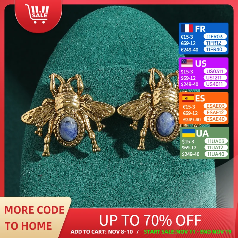 

Vintage Blue Natural Stone Bee Stud Earring 2025 Antique Gold Color Quality Luxury Designer Party For Woman Accessories Jewelry