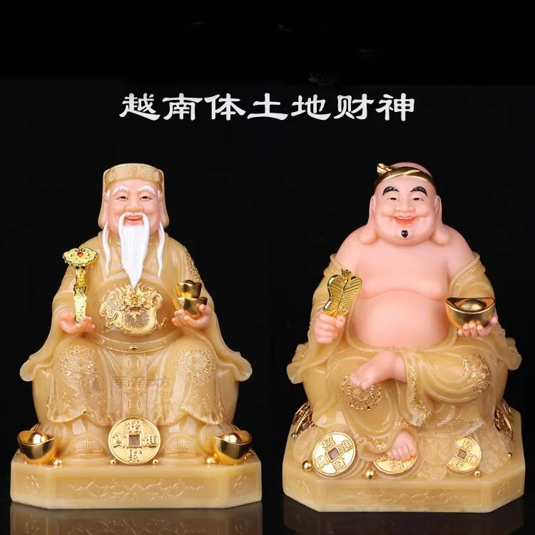 

A pair 2P gilding jade BUDDHA figure Vietnam HOME shop Prosperity God of wealth CAI SHEN TU DI GONG FENG SHUI statue