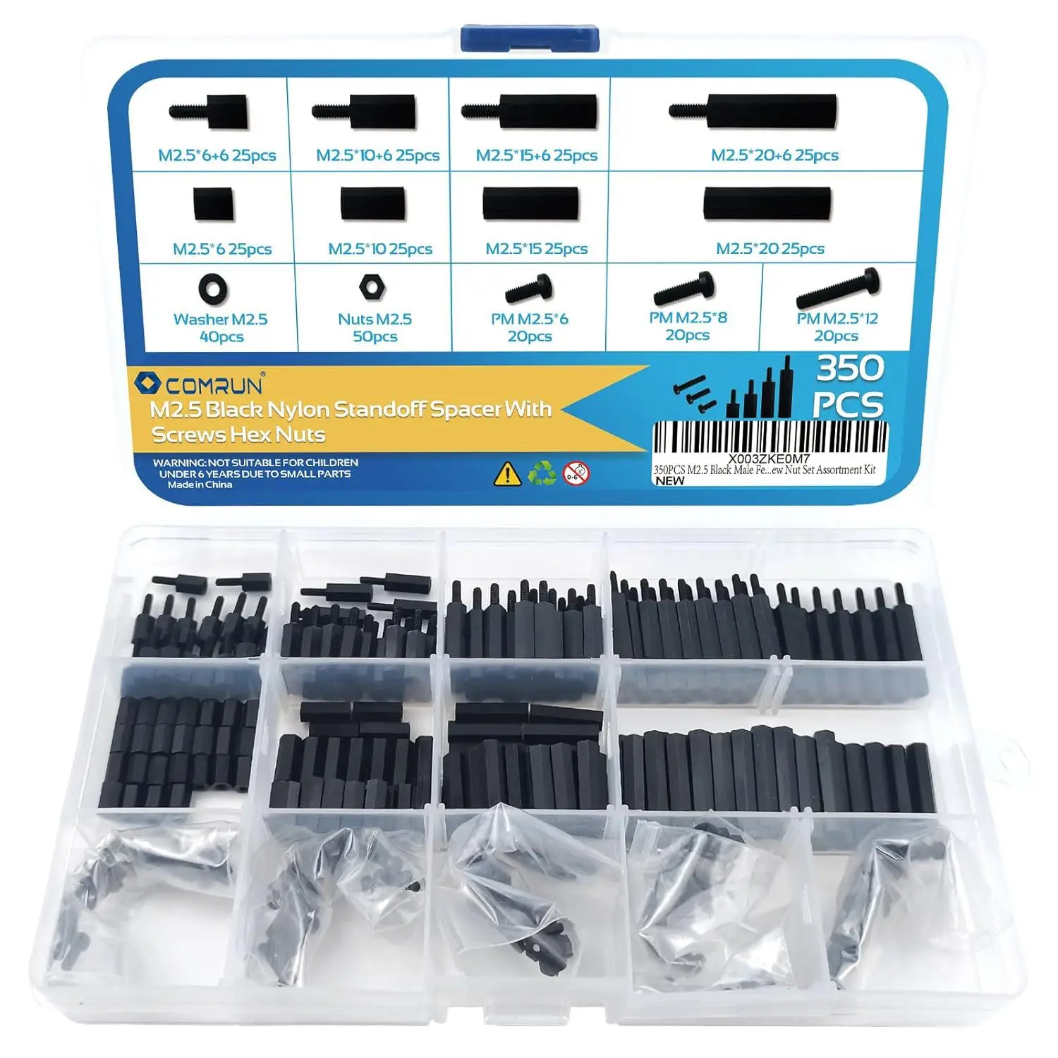 350PCS M2.5 Black Metric Nylon Hex Spacer Standoff Screw Nut Assortment Kit PCB