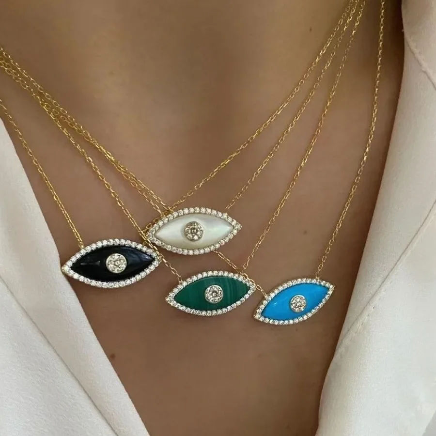 Ethnic Vintage Turkey Opal Evil Eyes Pendant Necklaces Sparkle CZ Zircon Blue Stone Eyes Necklace for Women Choker Bijoux