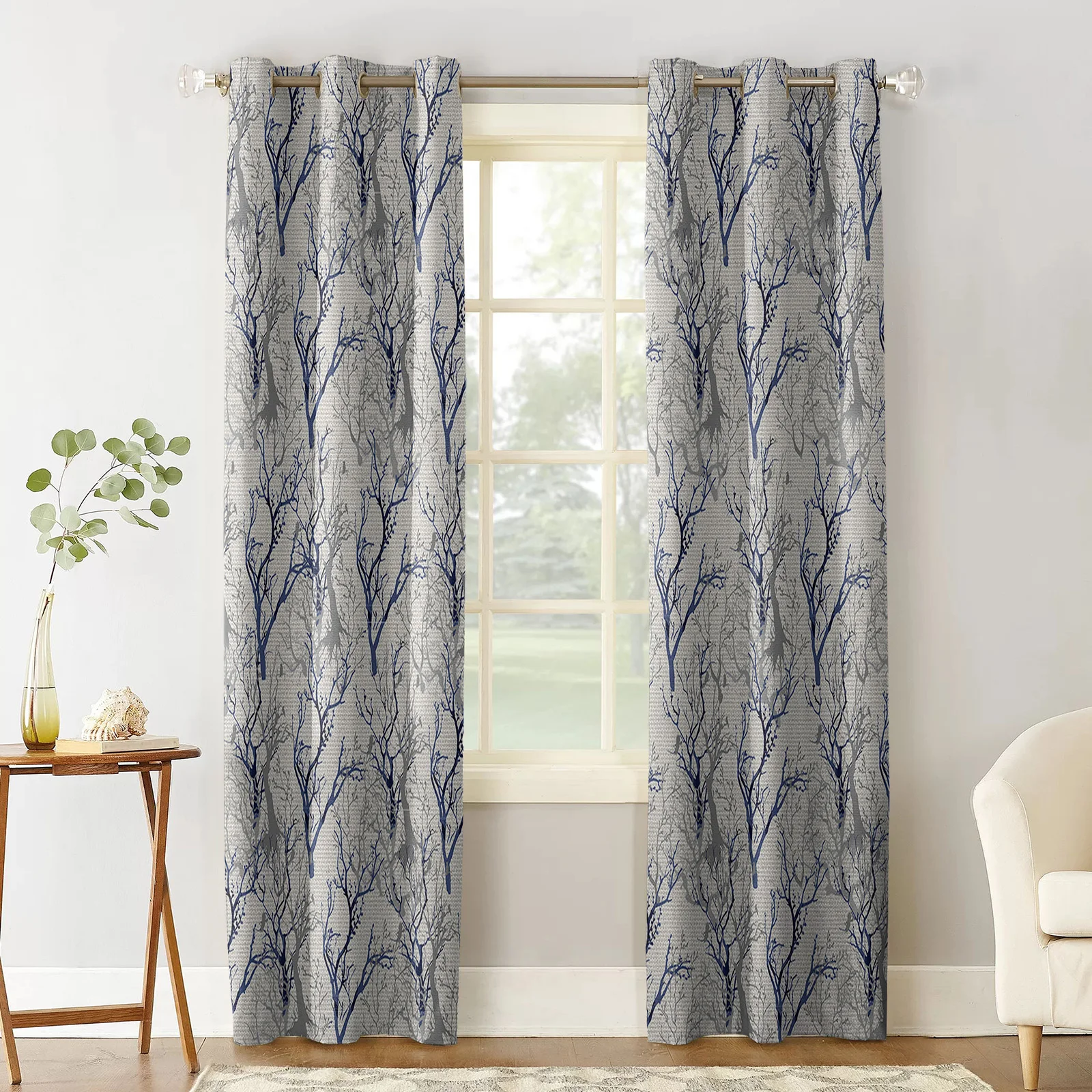 Plant Branches Hand-Painted Bird Blue-Grey Window Curtain Living Room Kitchen Curtain Panel Blackout Curtains For Bedroom