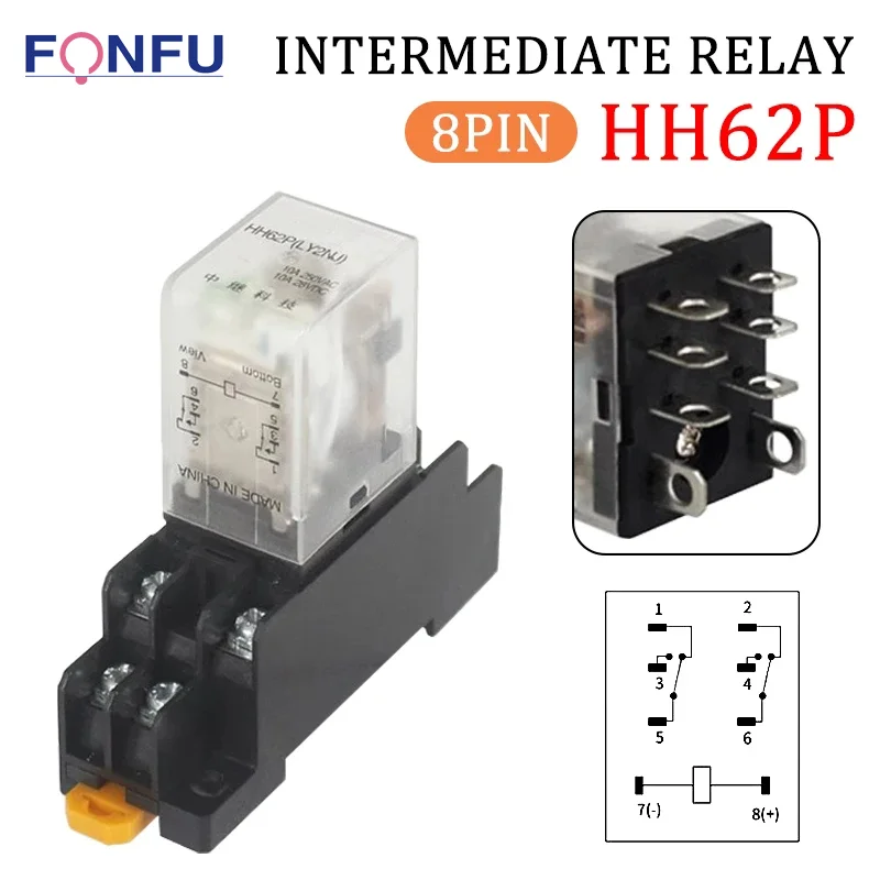 5PCS HH62P Coil Power Relay LY2NJ DPDT 8Pin Miniature Relay With Socket Base DC12V DC24V AC110V AC220V 10A JQX-13F Series