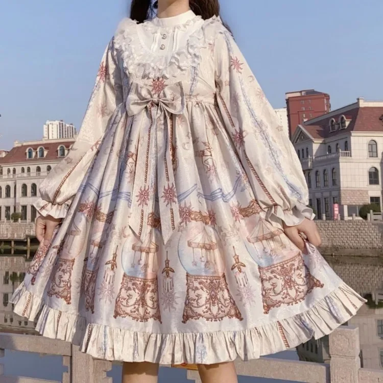 Oversize Lolita sukienka z nadrukiem dla kobiet Harajuku Kawaii wysoki stan sukienki z kokardą Y2k Grunge długi rękaw Op Vestidos Mujer