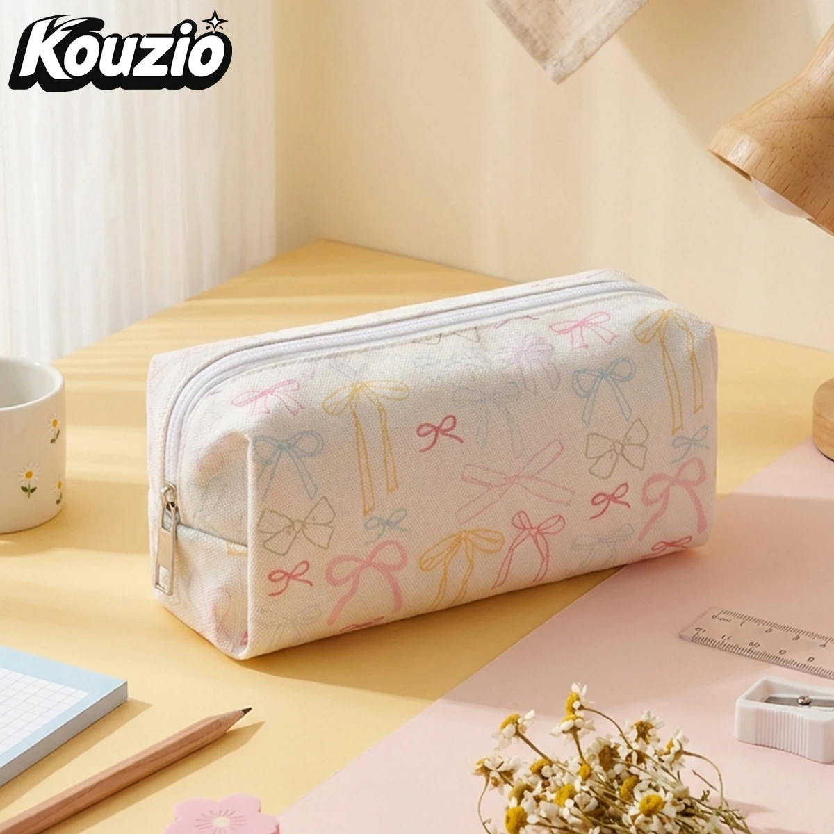 Kawaii Hand Drawn Colorful Bow Pattern Rectangular Pencil Bag Soft Canvas Zipper Large Capacity Stationery Storage Pouch