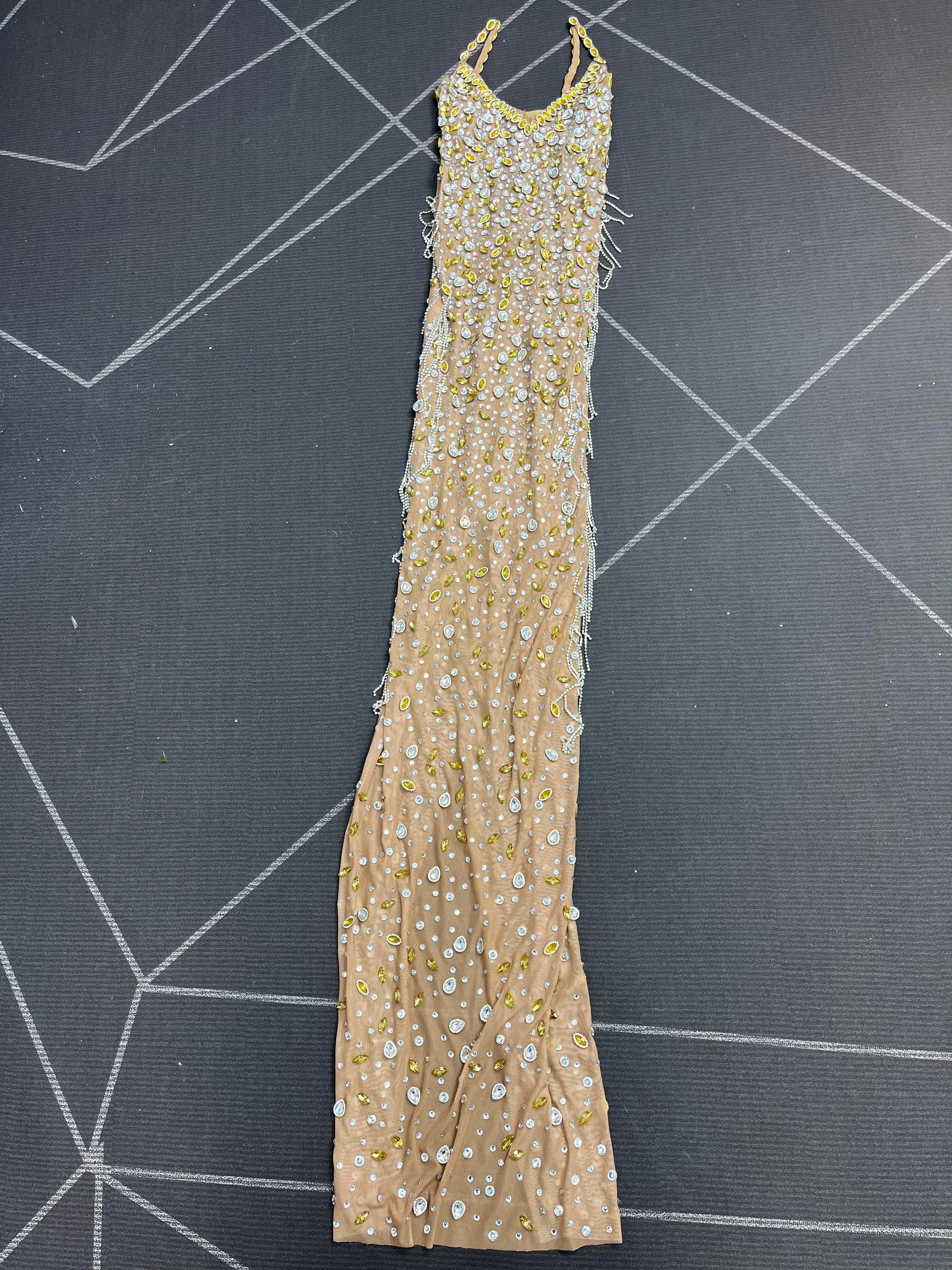 Flashing Rhinestones Crystals chains Sexy Nude Mesh Suspenders Dress Women Party Celebrate Evening Red carpet Show Gown Xingqi