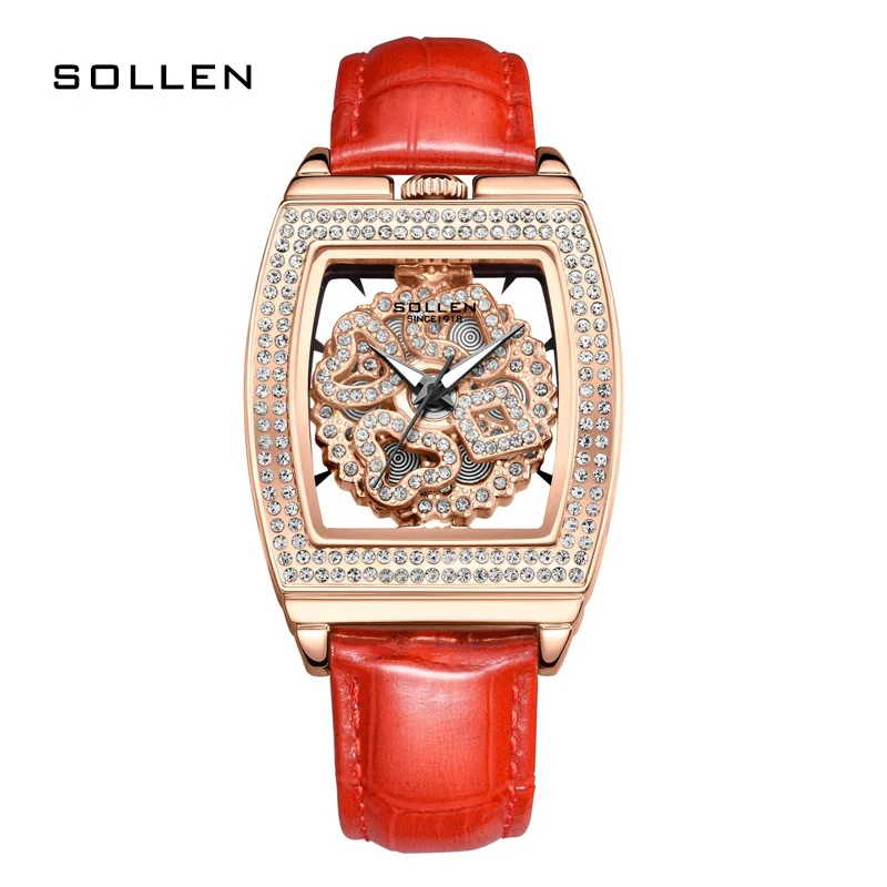 SOLLEN Luxury Diamond Rose Gold Watches Fashion Red Leather Strap Skeleton Watch High Quality Women Watch Waterproof Reloj Mujer