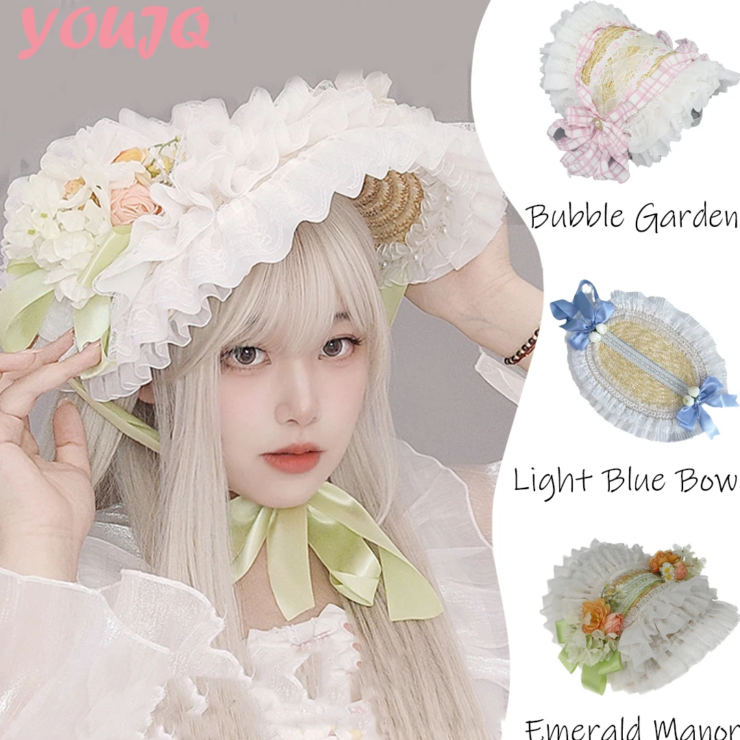 Lolita Flower Elegant Weaving Top Flat Hat Flower Wedding Tea Party Pastoral Lace French Manor Eclectic Summer Sun Straw Gorras