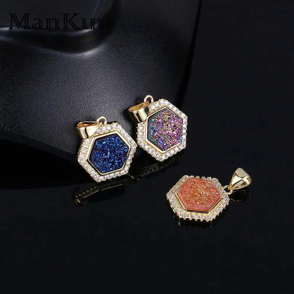 mankuu hexagon natural druzy crystal stone 18k gold plated copper accessories pendant charms for jewelry making diy necklace