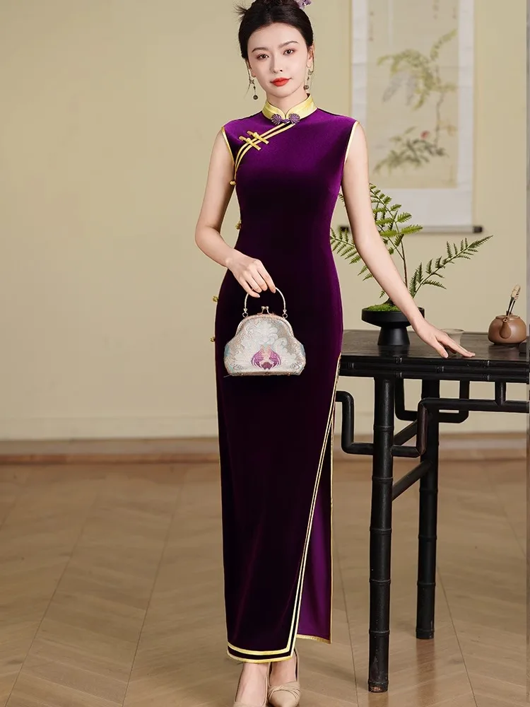 

Young Sle Vintage Velvet Qipao Dr Bodycon Long Skirt Chinese Traditional Costume Summer Evening Gown High Slit Svel